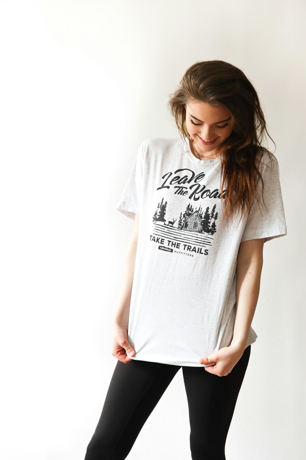 Woman wearing a relaxed graphic T-shirt
